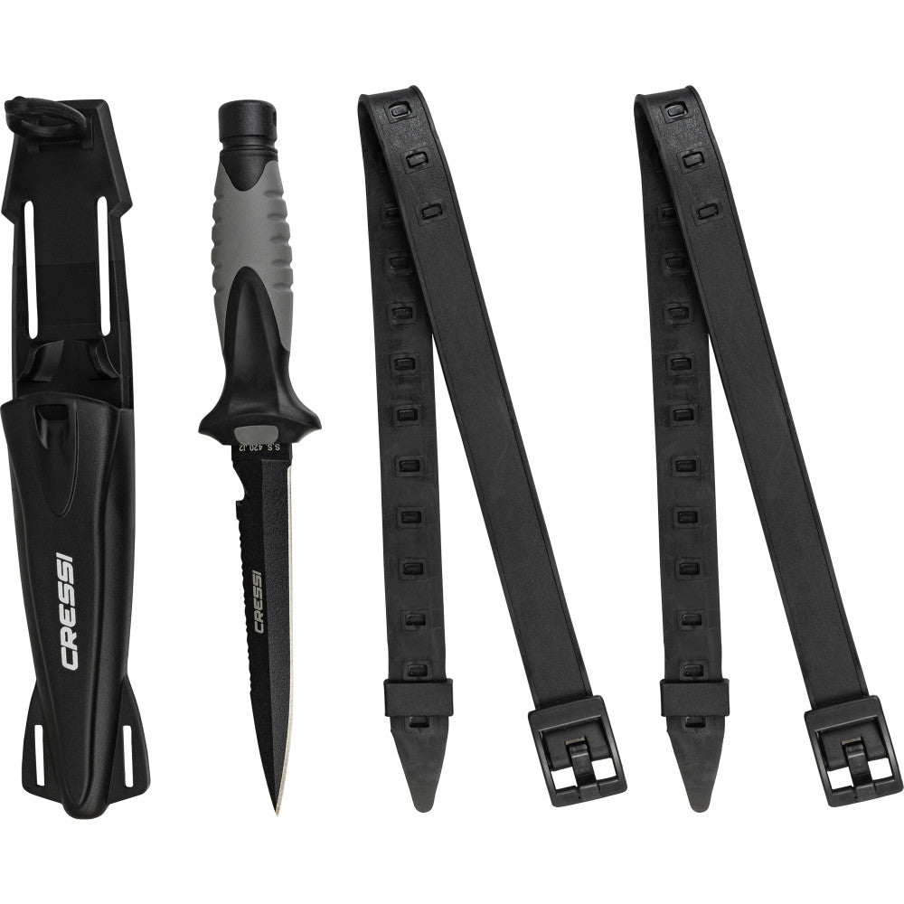 Cressi Finisher dive knife featuring a black-coated stiletto blade.