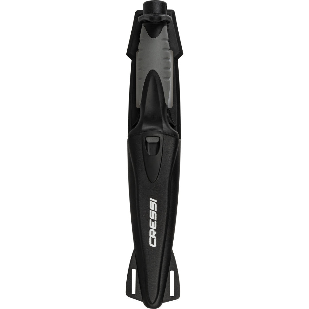 Cressi Finisher knife on a diver's leg for spearfishing