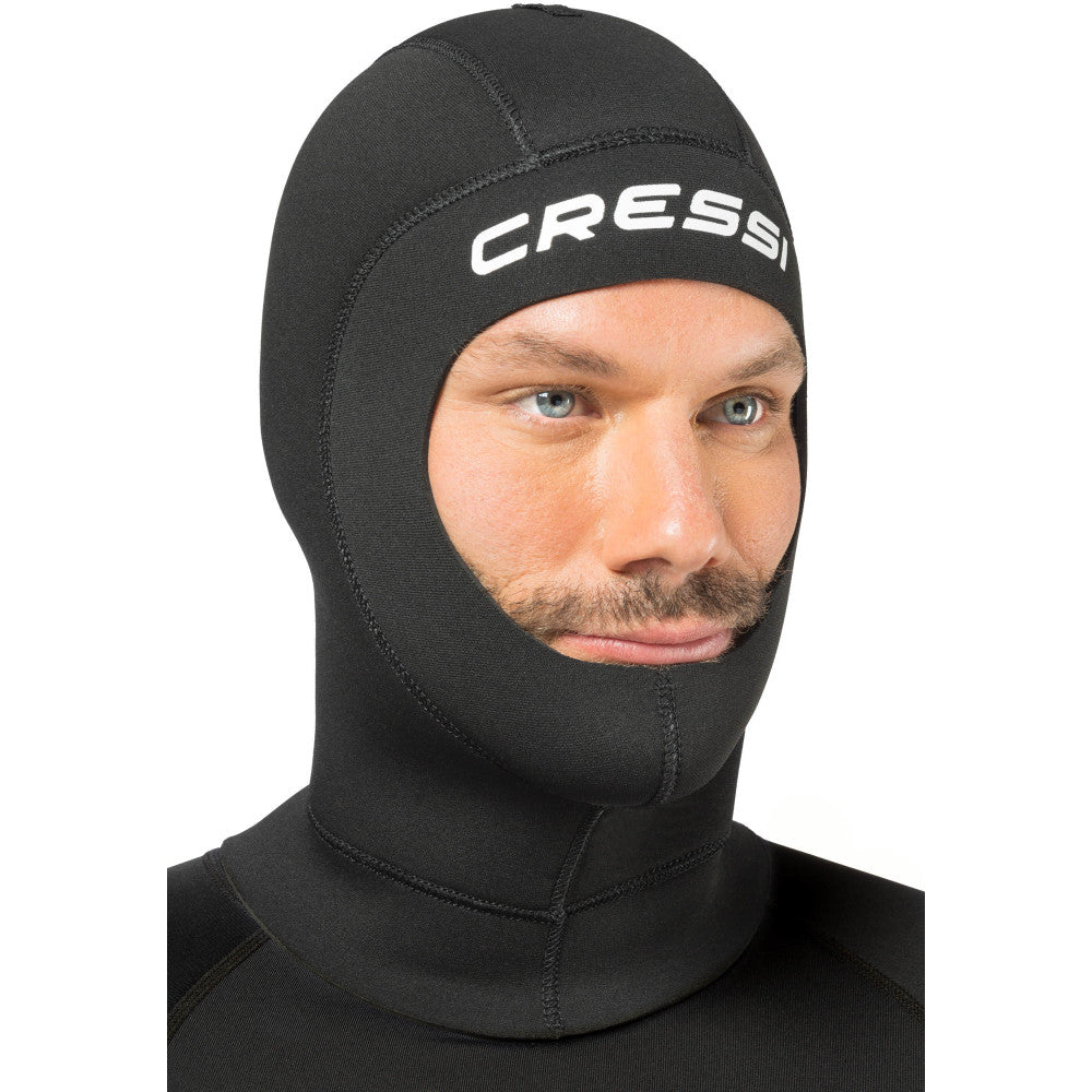 Cressi Solo hood on a diver's head demonstrating a snug, warm fit