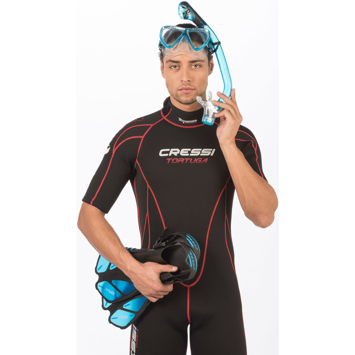Blue Cressi snorkel set for travel and beginners