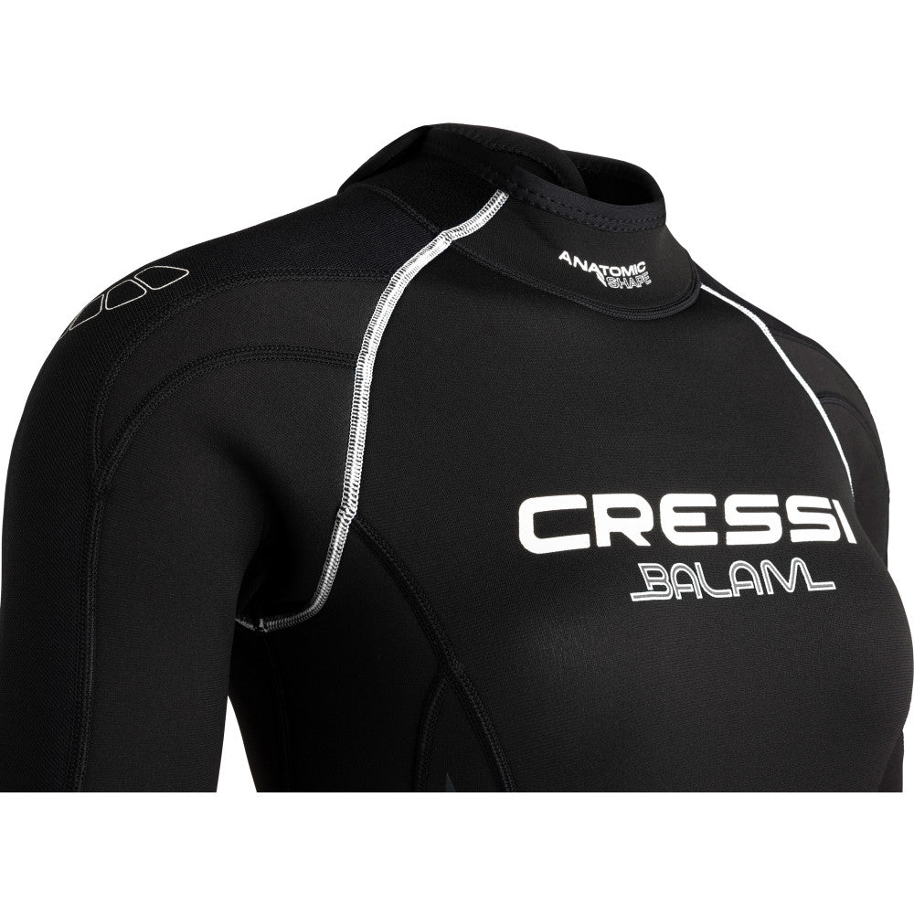 Black wetsuit with Cressi branding on a white background