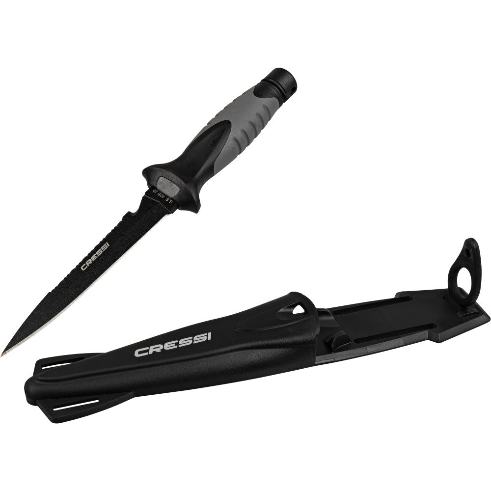 Cressi Finisher knife for diving, designed with a black stiletto blade.