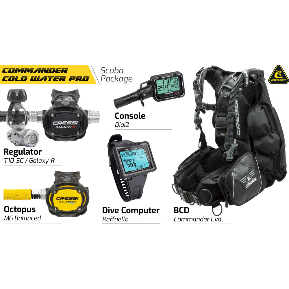 Commander Cold Water Pro Scuba Package full set front view BCD regulator computer console Cressi