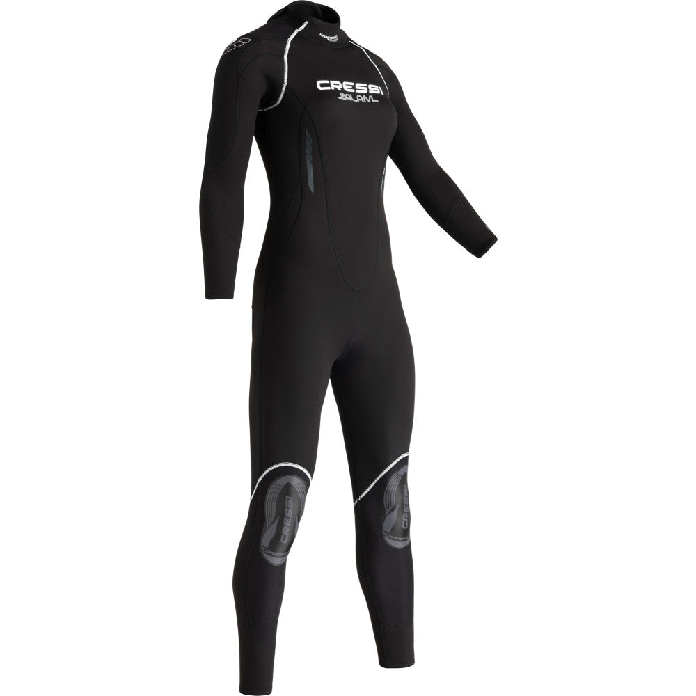 Black wetsuit with Cressi branding on a white background