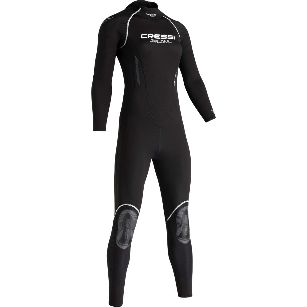 Front view of Cressi Balam 5mm lady wetsuit in black and grey for women divers.