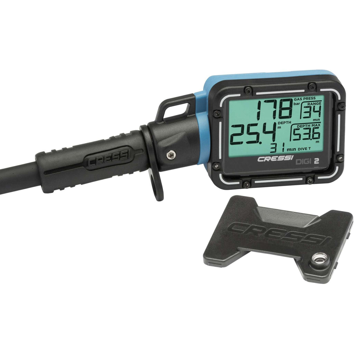 Cressi Digi2 showing depth, tank pressure, and temperature