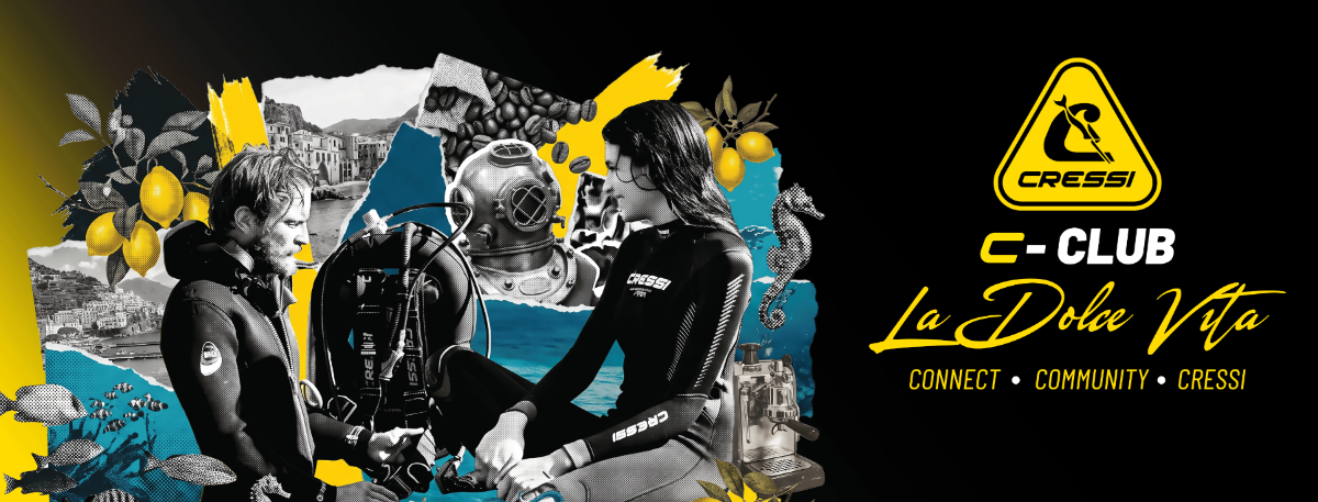 Promotional graphic for C-Club La Dole Vita by Cressi, featuring two divers in black wetsuits surrounded by yellow lemons, blue sea creatures, and underwater imagery on a black background with the Cressi logo.