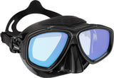 Black diving mask with blue lenses on a white background