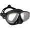 Black diving mask with clear lenses on a white background