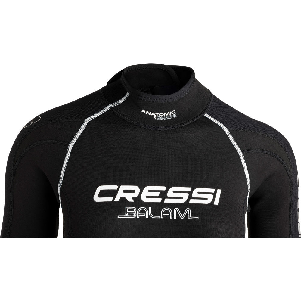 Black wetsuit with Cressi branding on a white background