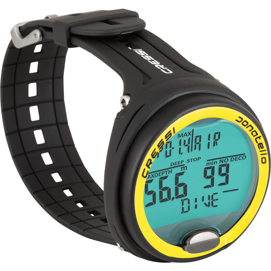 Angled view of Cressi Donatello wrist dive computer and dive display
