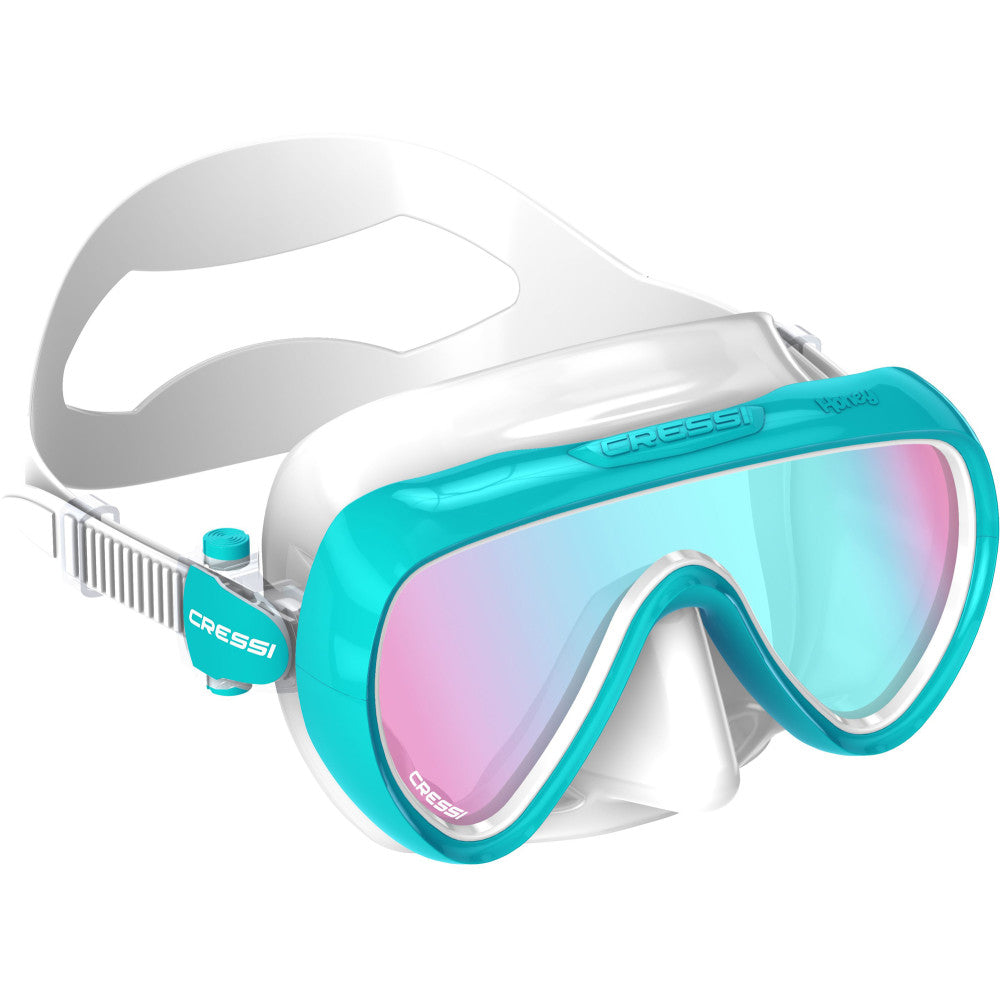 Cressi diving mask with teal frame and white body on a white background
