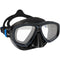 Black diving mask with clear lenses on a white background