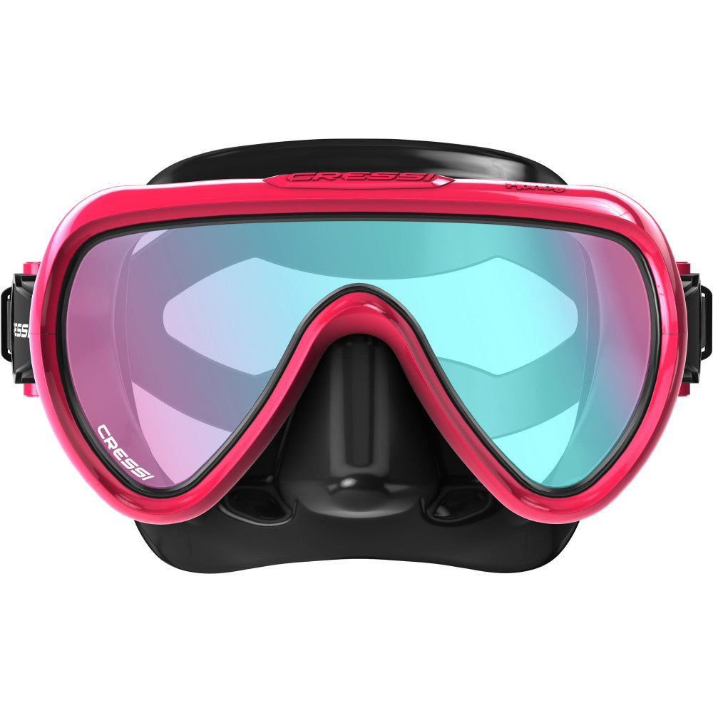 Diving mask with pink and black frame on a white background